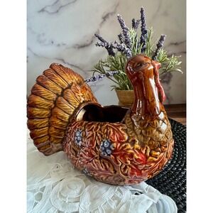 Vintage Ceramic Turkey Planter Harvest Thanksgiving Majolica Style Decor Brown